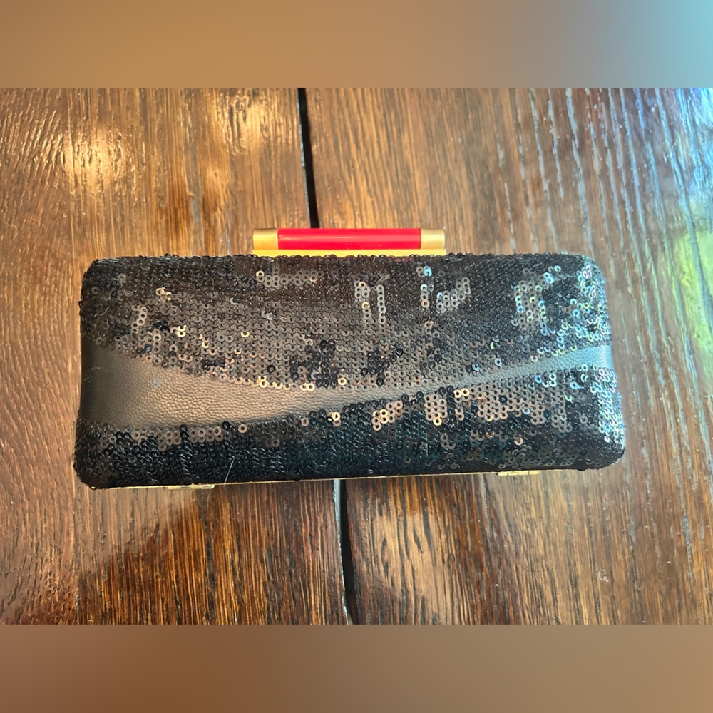 Diane Von Furstenberg Black Sequin Clutch with Red Accent